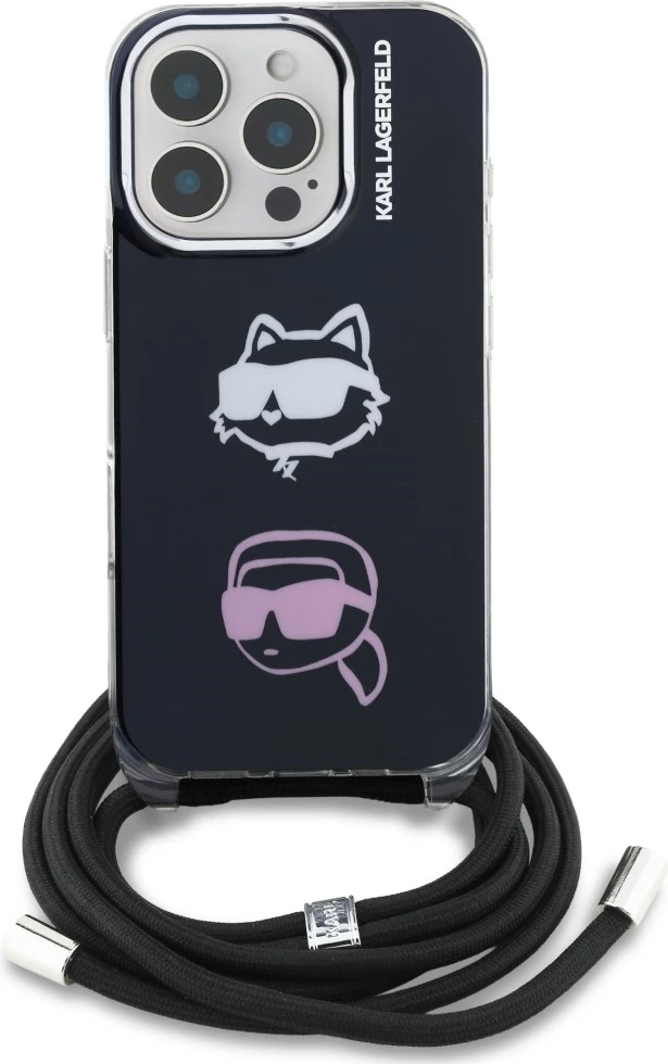 Mbështjellës crossbody Karl Lagerfeld IML Karl&Choupette Head për iPhone 16 Pro Max, i zi