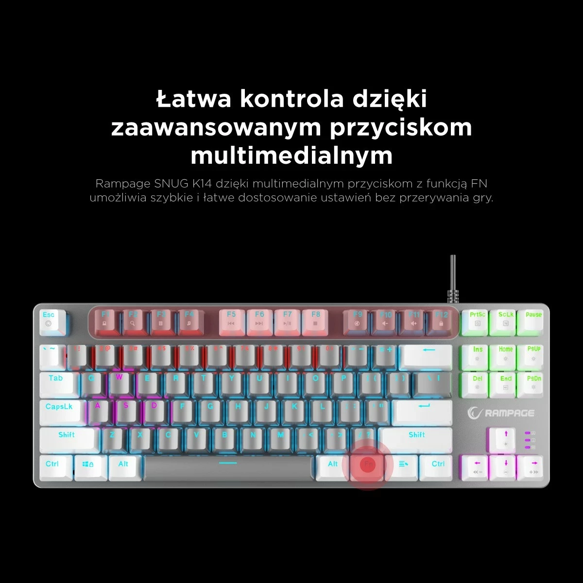 Tastierë mekanike Rampage Snug RGB, KRGD Red Switch, 80%, anglisht, e bardhë-gri
