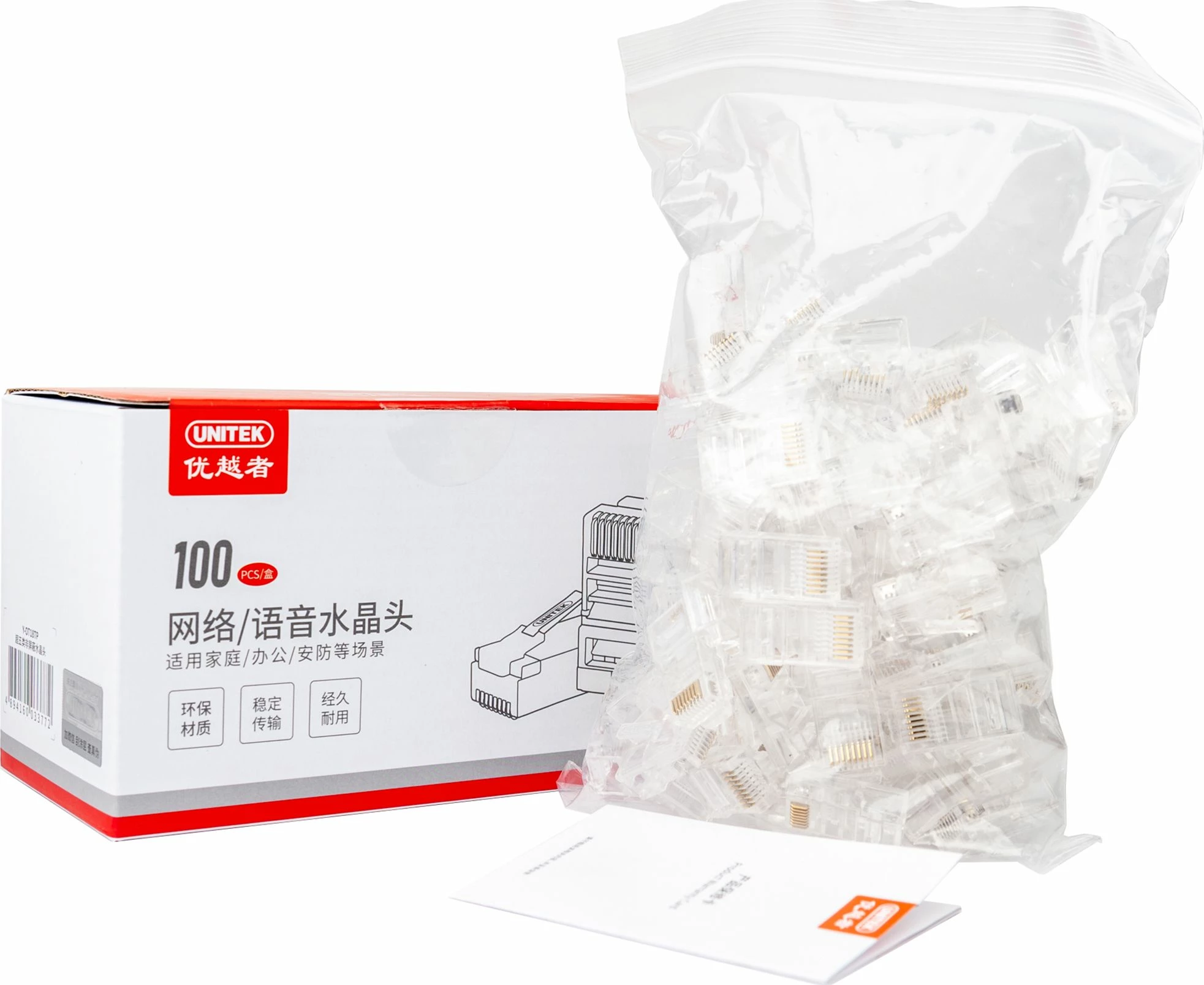 Konektor modular RJ45 Unitek Y-OT18TP Cat.5e, 100 copë, transparent