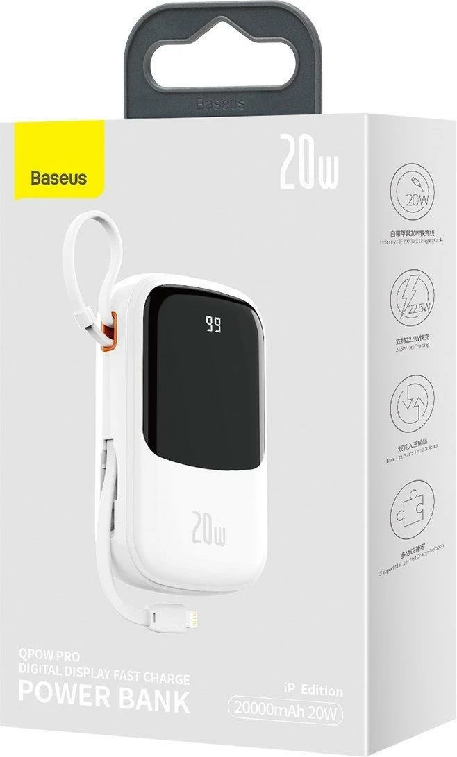 Power bank Baseus Qpow 20000mAh, 20W, me kabllo Lightning të integruar, Bardhë