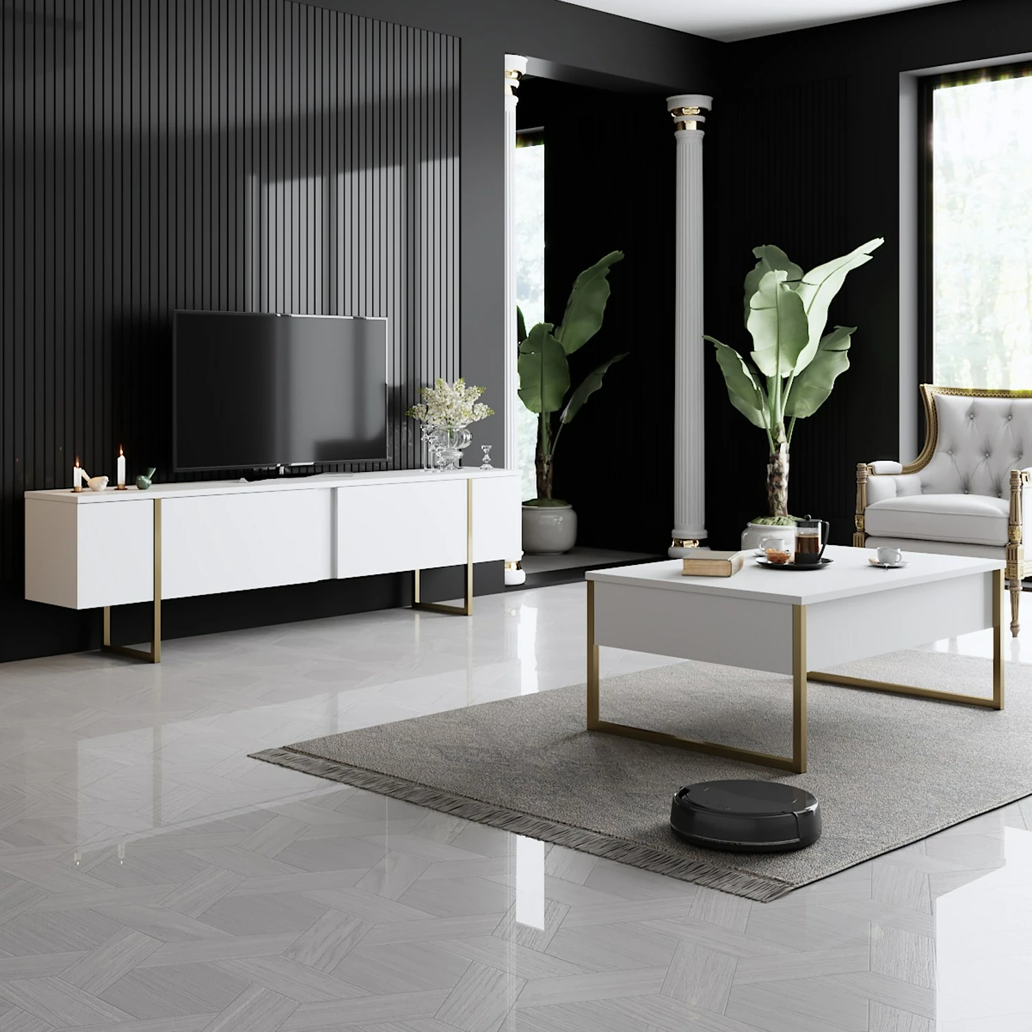 Tavolinë kafeje Skye Decor, Luxe, e bardhë dhe ari