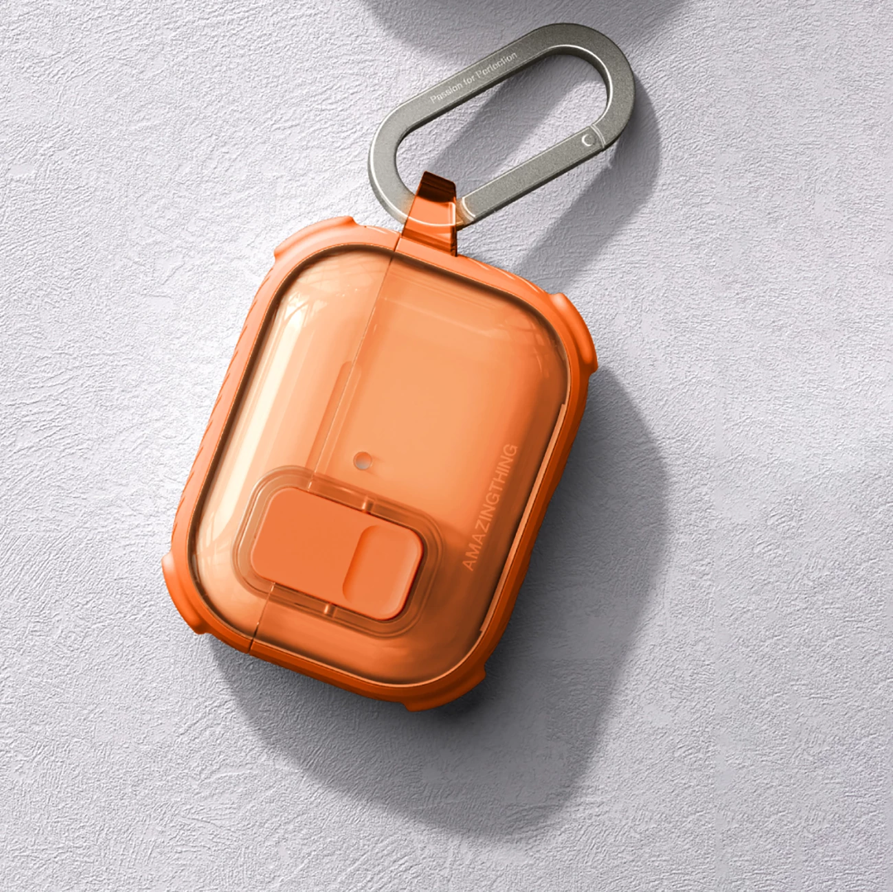 Mbështjellës për kufje, AmazingThing, Titan Pro Mag Case Clear për AirPods Pro 3, me karabiner, kompatibil me karikim wireless, portë me bllokim të brendshëm, port kundër goditjeve PC/TPU, portokalli