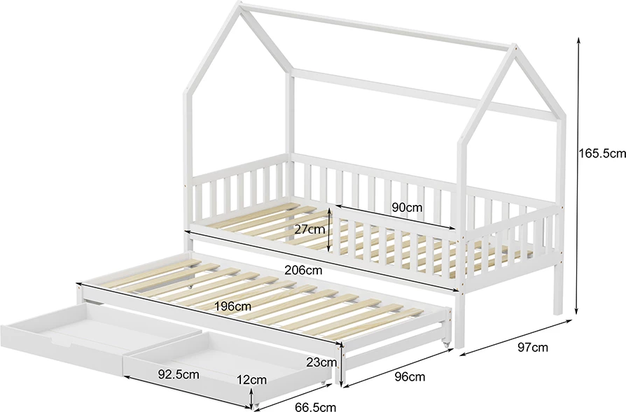 Krevat fëmijësh me krevat tërheqës dhe sirtarë, PHYLLIS FH723.03, dru pishe, ngjyrë e bardhë, 206x97x166cm