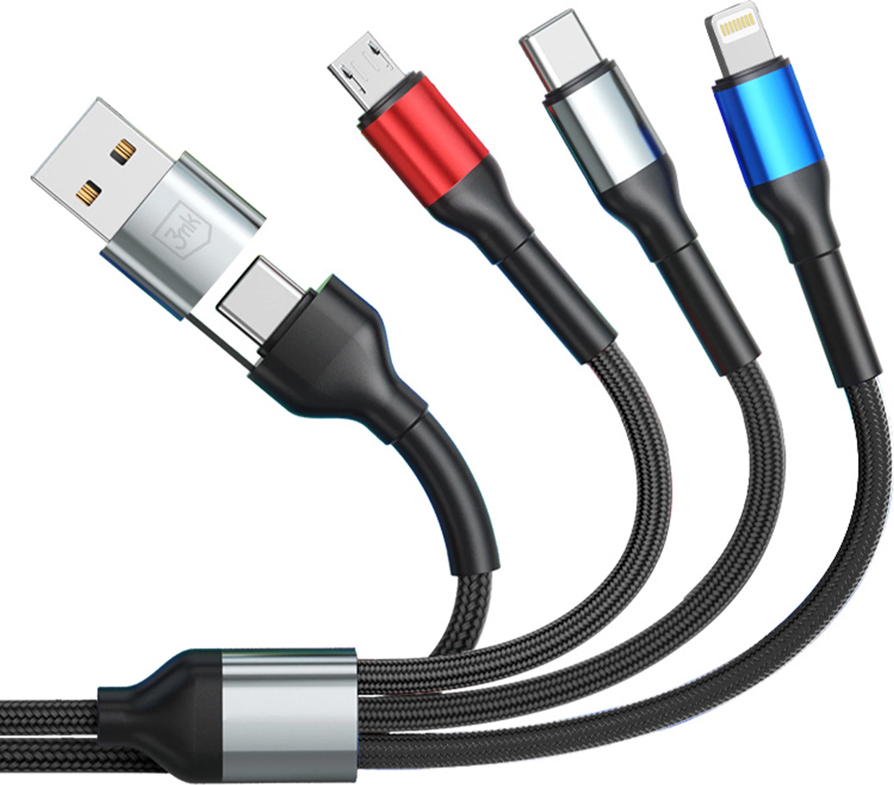 Kabllo karikimi 3mk Hyper Cable N-SERIES 6-në-1 1.2m QC 3.0 18W (USB-A/USB-C në USB-C/Lightning/Micro USB) e zezë, 1 copë