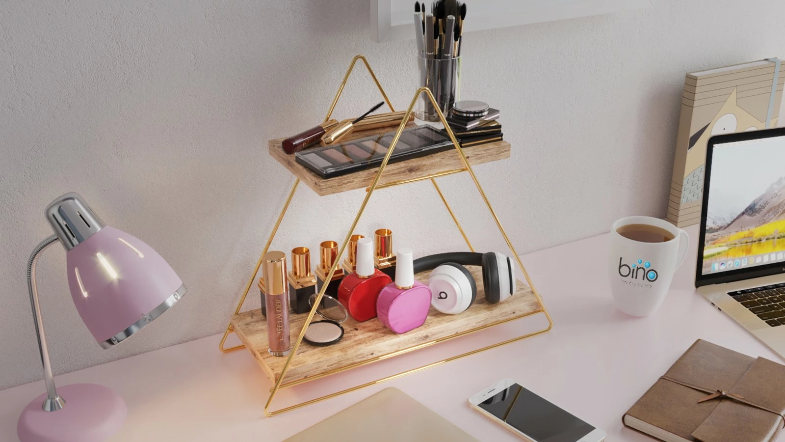 Raft muri prej druri të fortë, ngjyrë ari dhe kafe, Hanah Home, raf organizues shumë qëllimësh, 38x16x42cm