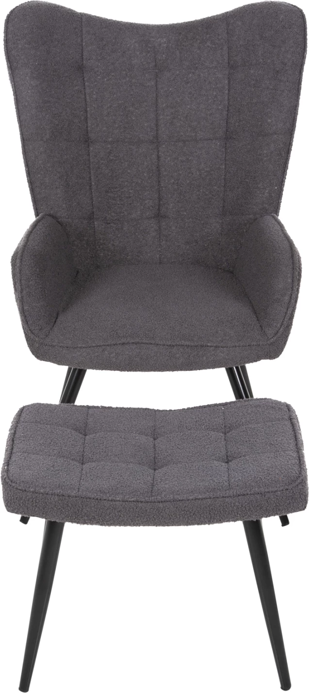 Fotelje CRAWLEY me tabure FH8918.21, pëlhurë boucle gri, këmbë metali të zeza, 70x74x105Hcm