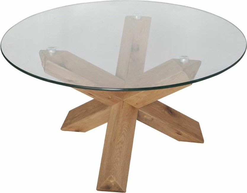 Tavolinë kafeje xhami, transparente, këmbë lisi, 80x80x42 cm