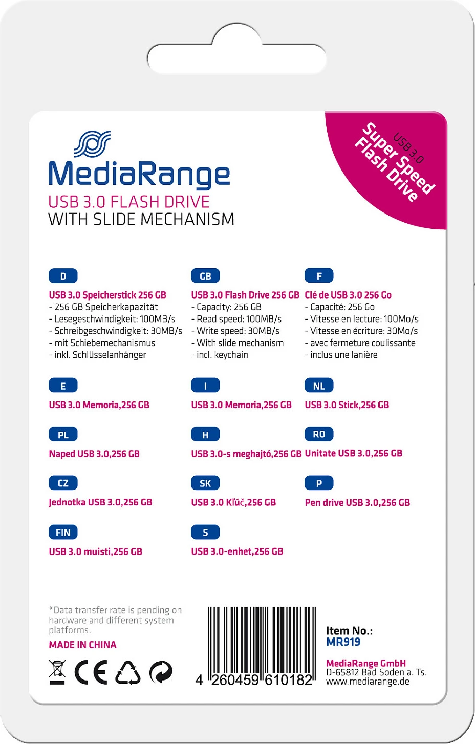 USB stick MediaRange MR919, 256GB, USB 3.2, slide, zi/argjendtë