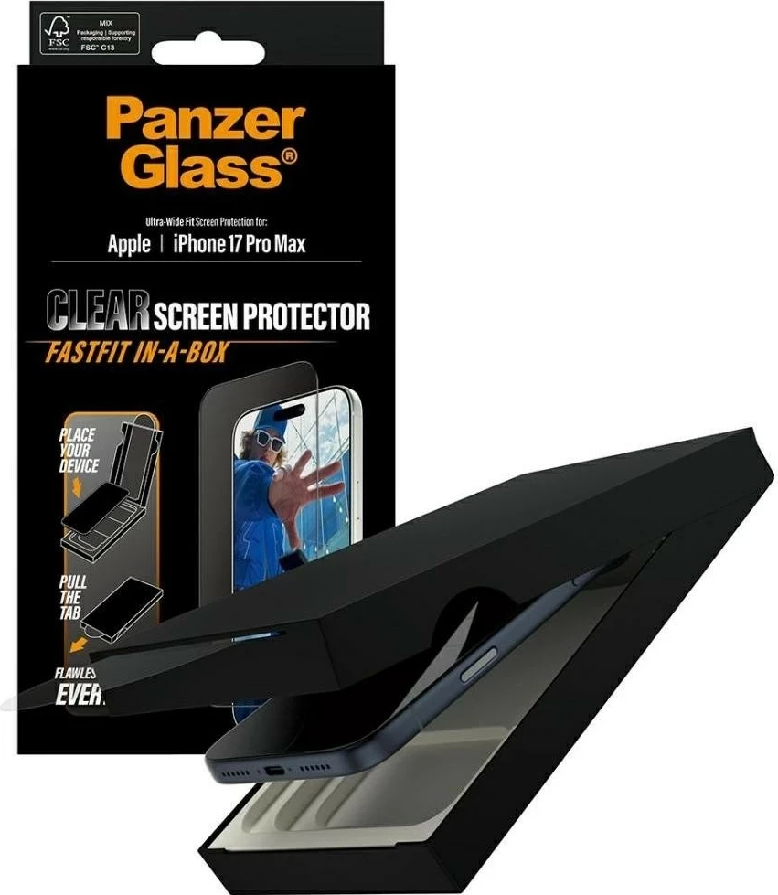 Xham mbrojtës PanzerGlass Ultra-Wide Fit Fastfit për iPhone 17 Pro Max transparent