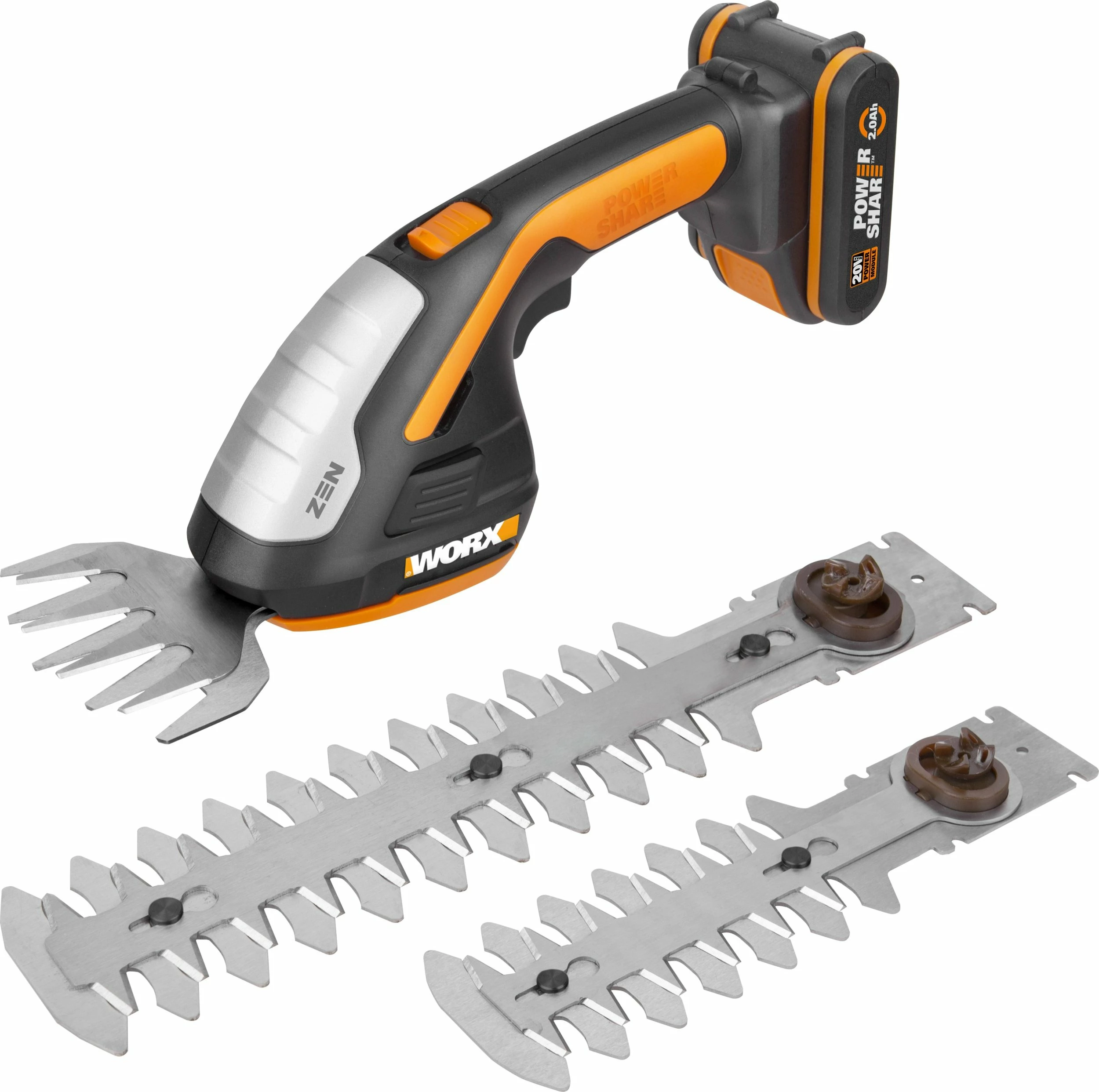 Gërshërë pa kabllo Worx WG801E 20V 2.0Ah 20 cm 3-në-1, e zezë/portokalli, me bateri dhe karikues