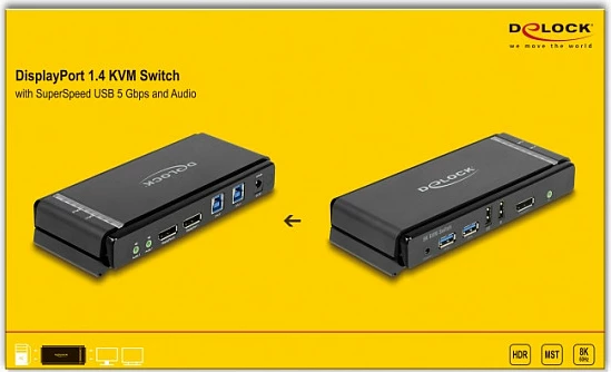 KVM Switch DeLOCK DisplayPort 1.4, 8K 60Hz, USB 5Gbps, Audio, i zi