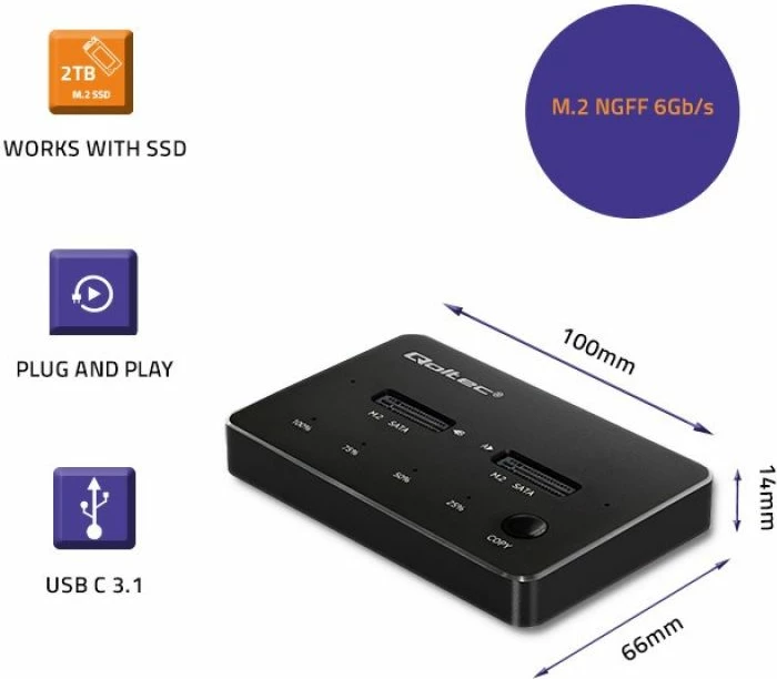 Doking stacion për SSD M.2 SATA Qoltec, 2x porta, e zezë