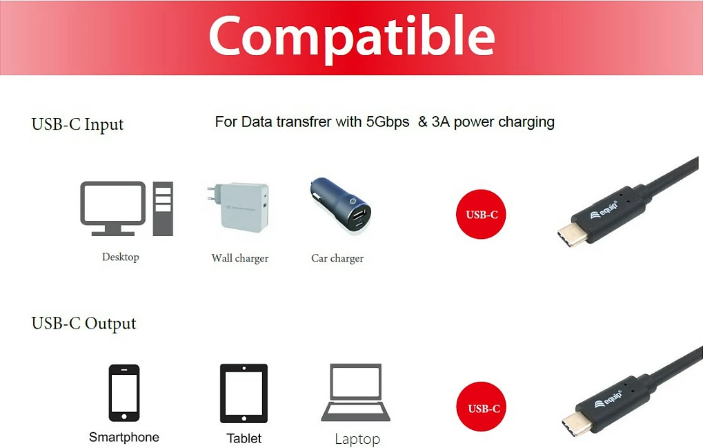 Kabllo USB-C EQUIP 128348, USB 3.2 Gen 1, 0.5m, PD 60W, 5Gbps, i zi
