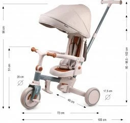 Tricikël fëmijësh Milly Mally Zippy, 12+ muaj, 25 kg max, ulëse rrotulluese 180°, rrota shkumë, kornizë çeliku, me tendë dhe shtytës prindi, Blu