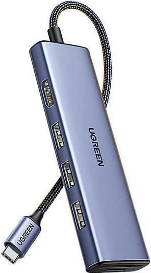 Hub USB-C Ugreen CM511, 6-në-1, HDMI 4K, 3x USB-A, lexues SD/TF, argjendtë