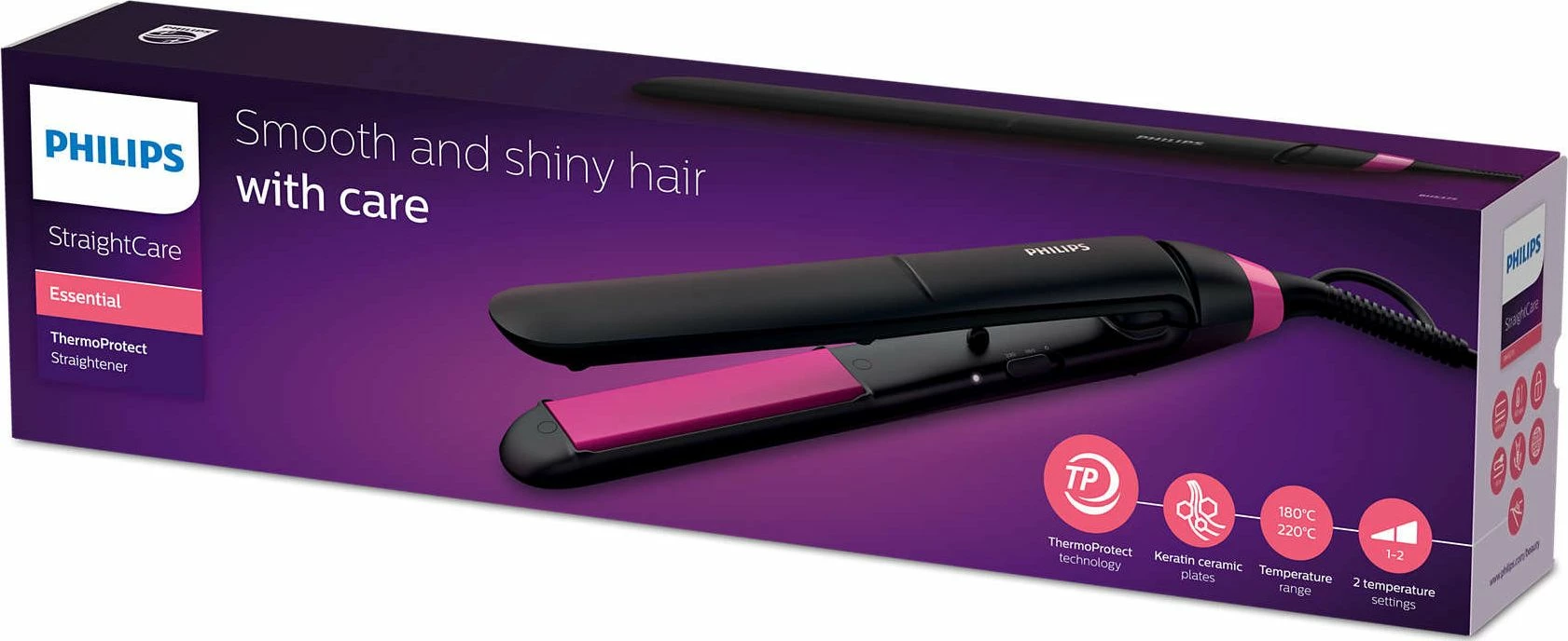 Drejtues flokësh Philips BHS375/00 ThermoProtect, pllaka qeramike me keratinë, 220°C, 2 nivele temperature, e zezë/rozë