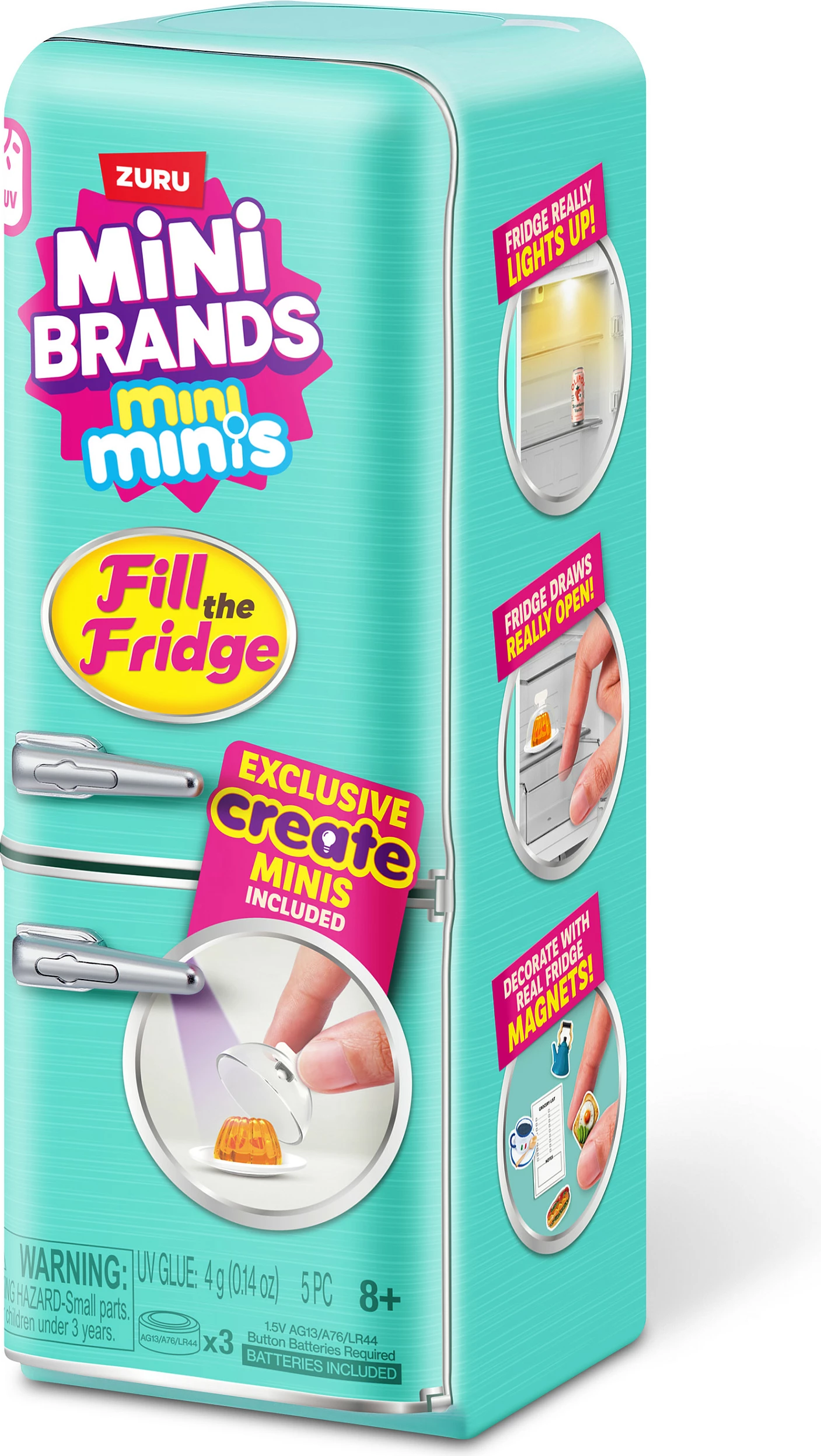 Set lodrash frigorifer mini ZURU Mini Brands Fill The Fridge, me dritë UV, 3 bateri, shumëngjyrësh
