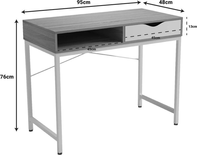 Tavolinë zyre Kama, ngjyrë sonoma-gri, këmbë metalike të zeza, 95x48x76cm