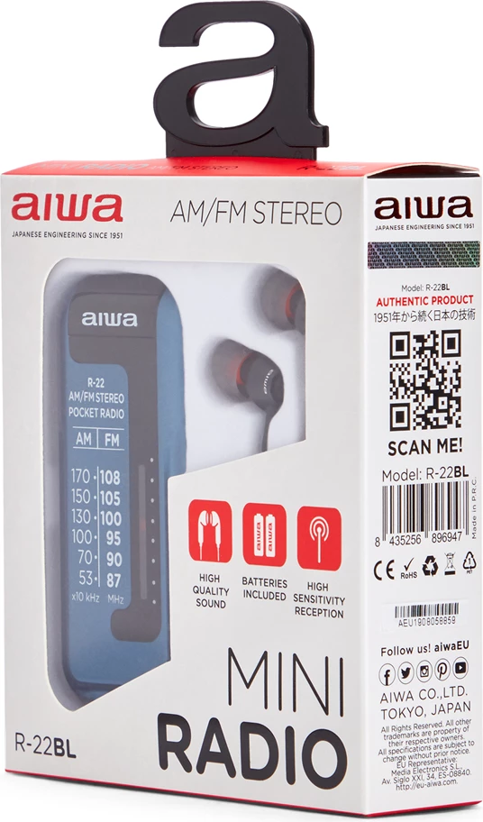 Radio portative xhepi Aiwa R-22BL AM/FM, me kufje, blu, set me bateri AAA