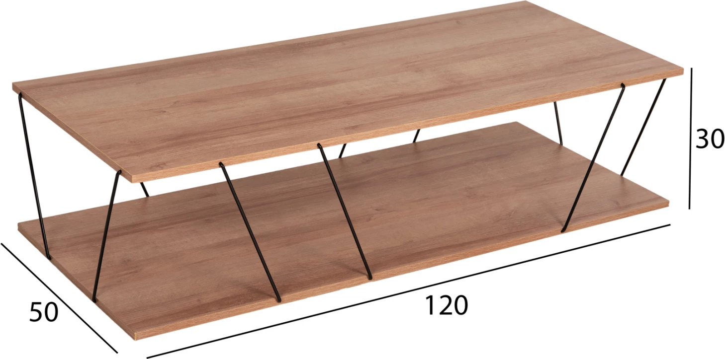 Tavolinë kafeje TARS, ngjyrë lisi natyral, melaminë, shufra metali të zeza, 120x50x30H cm