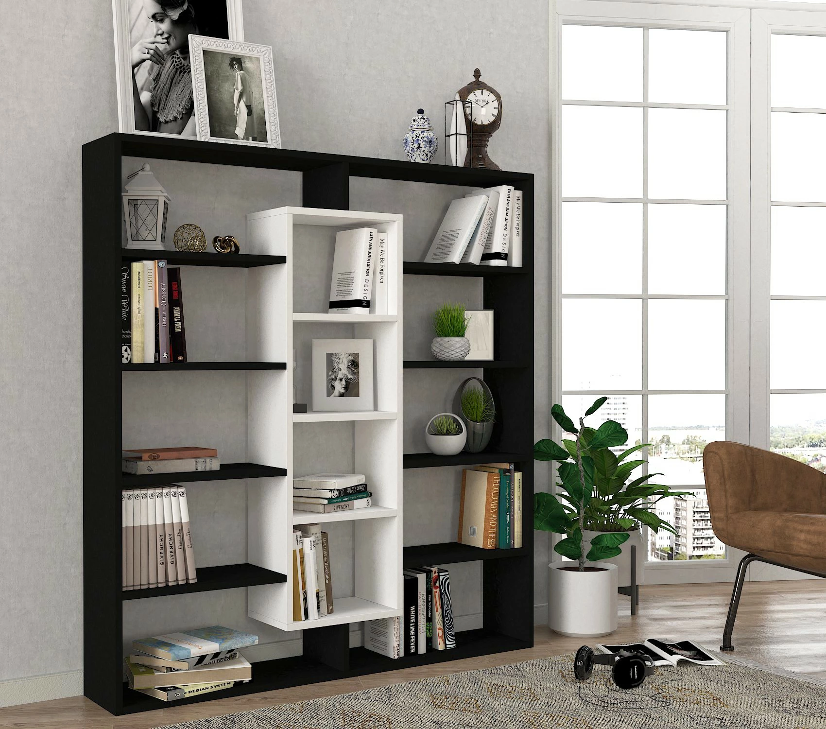 Raft librash Hanah Home, Ample, i zi dhe i bardhë