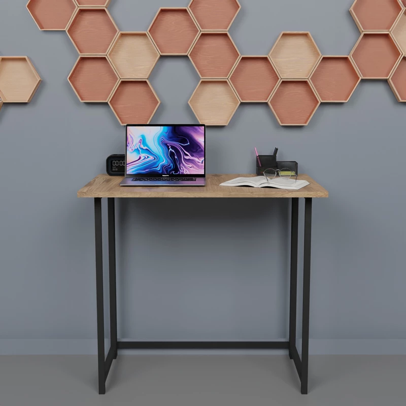 Tavolinë zyre e palosshme Thox, ngjyrë lisi-melaminë e zezë, 80x50x72cm