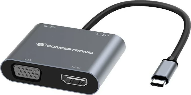 Dock Conceptronic 4-1 USB-C në HDMI, VGA, USB 3.0, 100W PD, 15cm, gri