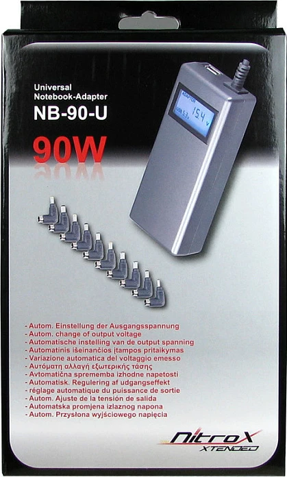 Adapter rryme universal për laptop Inter-Tech Nitrox 90W, me ekran LCD, USB, i zi