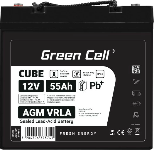 Bateri AGM VRLA, Green Cell, AGM12V55AH-J, 12V 55Ah, IP54, e zezë