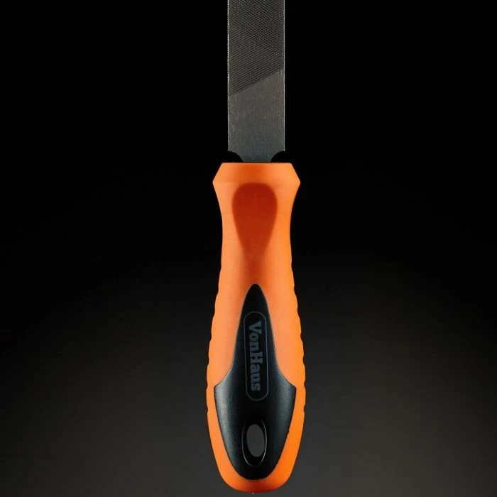 Set turpijash dhe raspash VONHAUS 3500076, 20 cm (8\"), çelik T12, me çantë kanavacë, set 9 copë, zi/portokalli