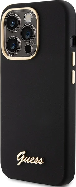 Mbështjellës Guess Silicone Script Metal Logo & Frame për iPhone 15 Pro Max, i zi