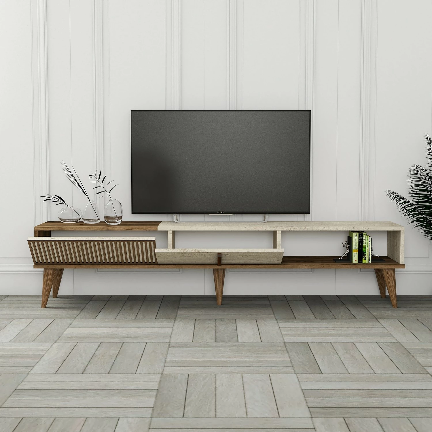 Komodë televizori Skye Decor, ngjyrë arre dhe travertin, Milan