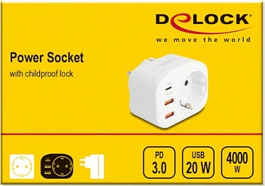 Adaptues prizë DeLOCK 11498, Type E/F në Type F, 1 prizë + 3 USB (USB-C PD 20W), i bardhë