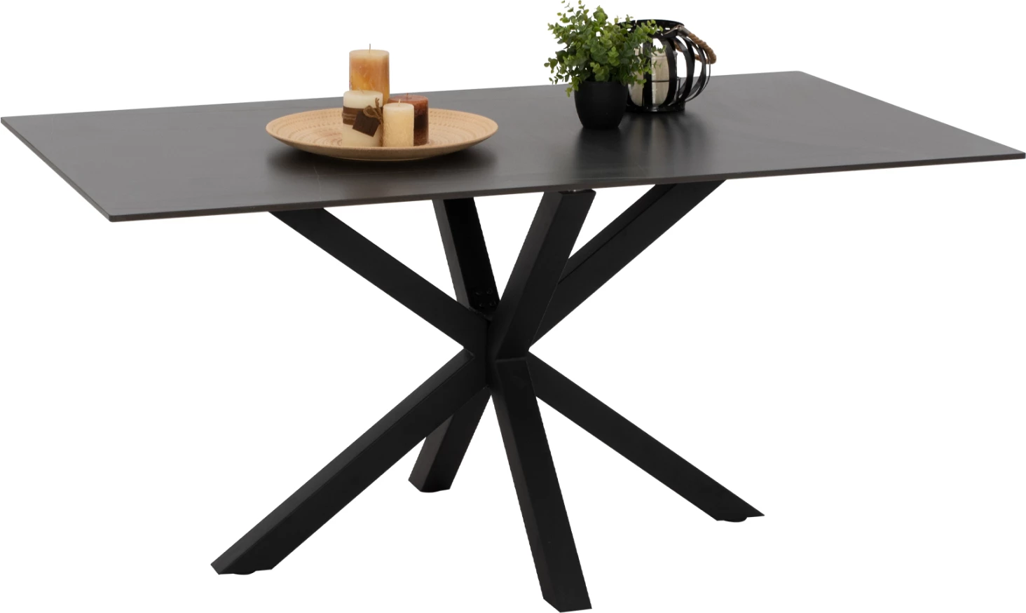 Tavolinë për ngrënie, gur i sinteruar, këmbë metali të zeza, 160x90x75 cm