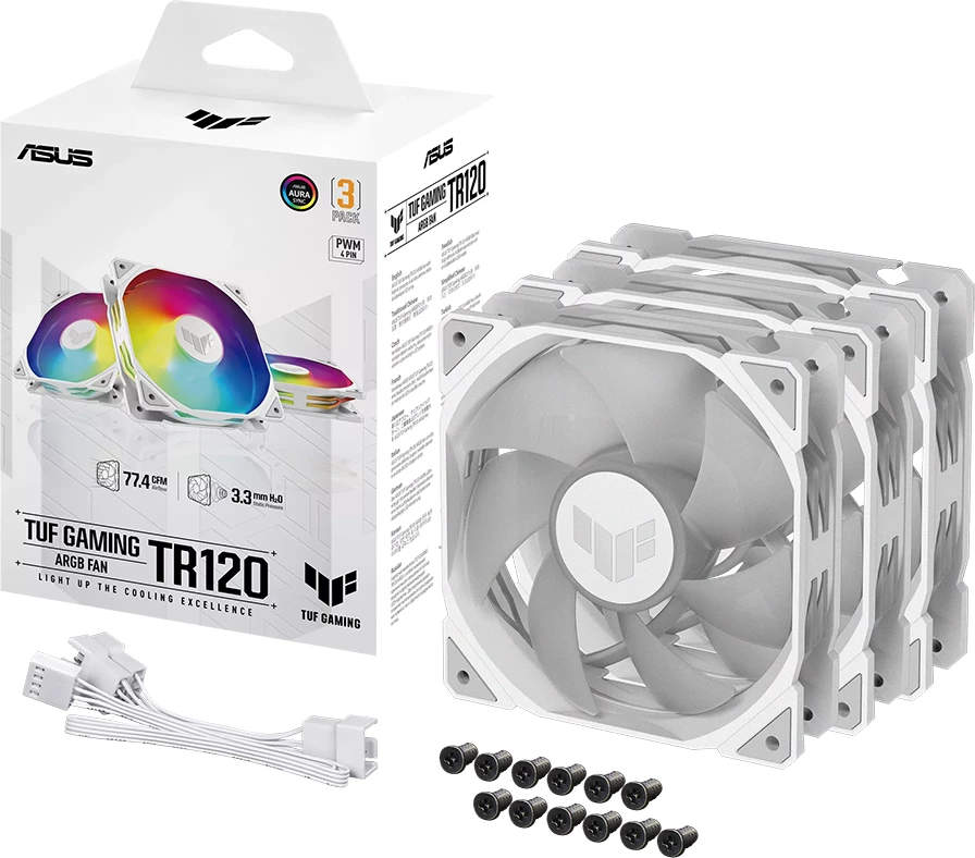 Fan për kasë ASUS TUF Gaming TR120 ARGB 120mm 2000 RPM 77.4 CFM, 3 copë, i bardhë