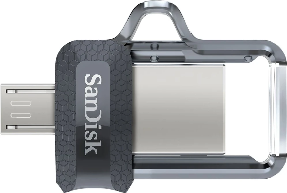 USB Flash SanDisk Ultra Dual m3.0, 64 GB, USB Type-A / Micro-USB 3.2 Gen 1 (3.1 Gen 1), E zezë, Argjendtë, Transparent