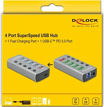 Hub USB DeLOCK, 4x USB-A 5Gbps + Fast Charge 2.4A + USB-C PD 3.0, alumin, gri