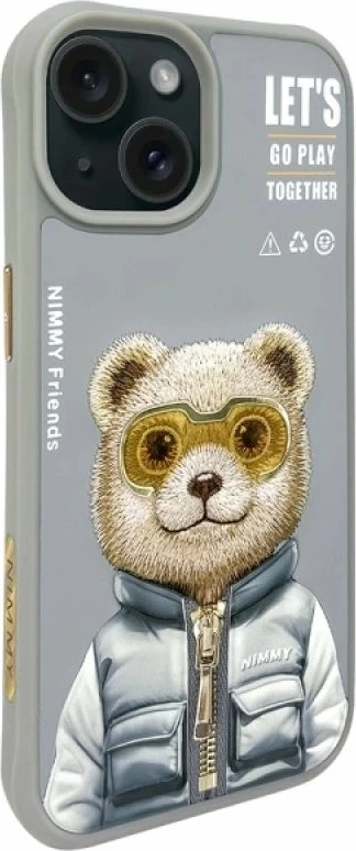 Kuti për iPhone 15 Nimmy Cool&Cute 2.0 Bear, gri
