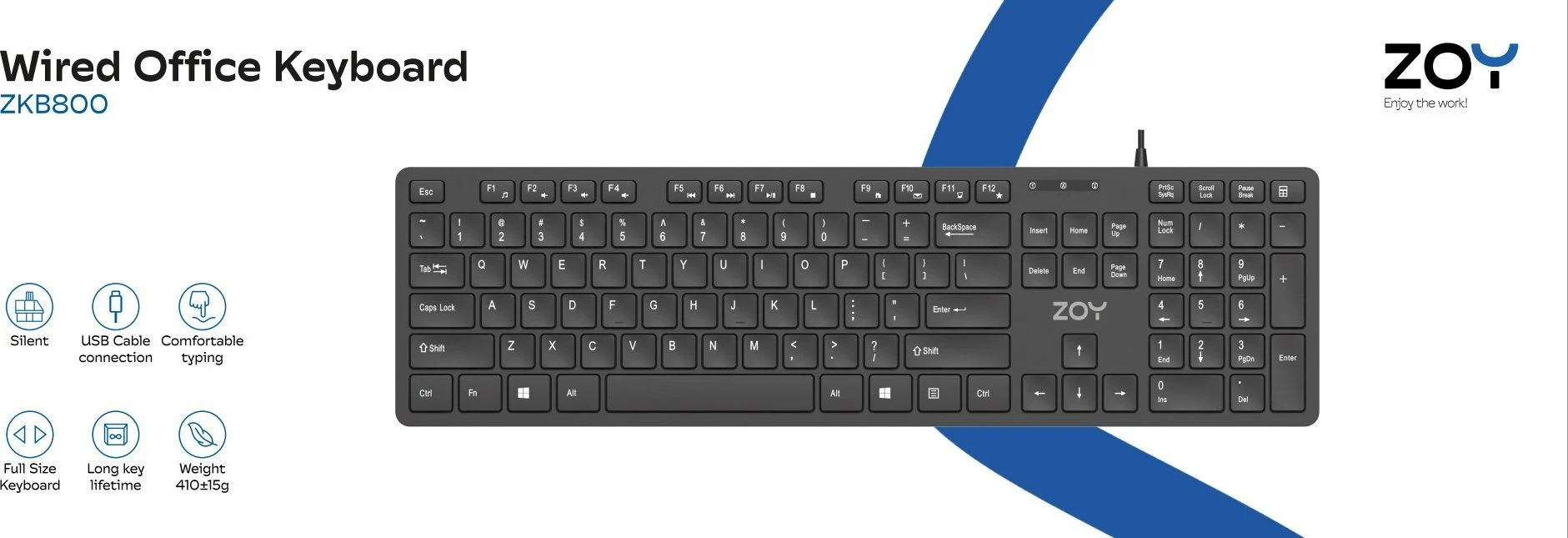 Klaviaturë ZOY ZKB800, USB me kabllo 1.4 m, layout US, 106 taste, membranë e qetë, e zezë