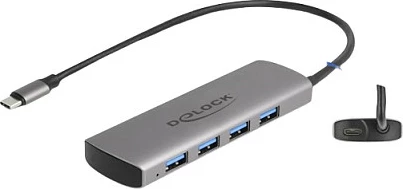 Hub USB DeLOCK 64293, USB-C në 4x USB-A, 10 Gbit/s, metal, 0.3 m, gri