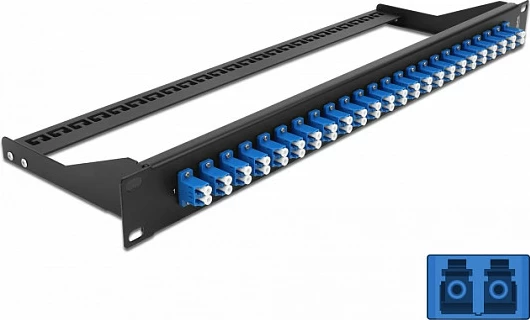 Panel patch fibre DeLOCK 19" 24x LC Duplex, 1U, për rack, i zi/kaltër