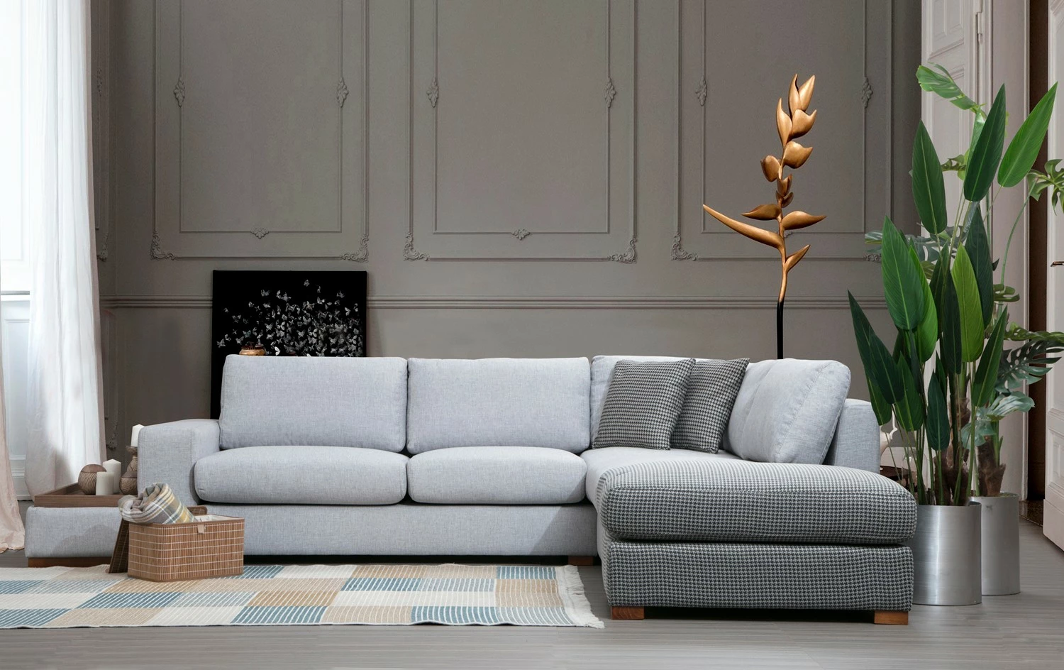 Këndare Atelier del Sofa, Loop 4, ngjyrë gri e çelët, me pouf dhe tavolinë anësore