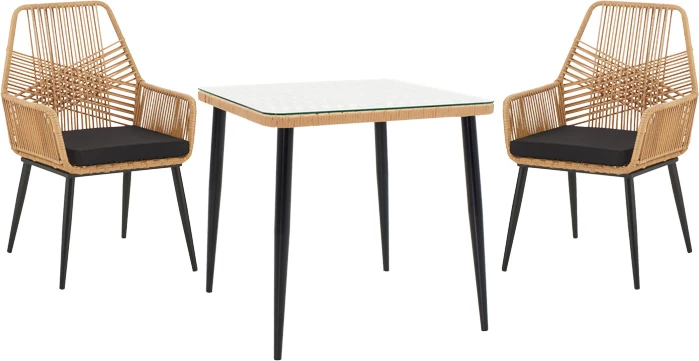 Set tavoline me karrige Naoki-Tanish, 3 copë,, metal, ngjyrë e zezë-pe natyrale-xham, 80x80x78cm