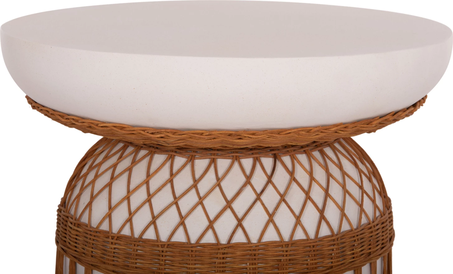 Tavolinë e rrumbullakët për ngrënie PRILEP, fibër-cement, e bardhë, ratan, FH18159.02, 60x76.5cm