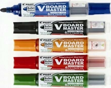 Marker për tabelë të bardhë Pilot V-Board Master M, vijë 2.3 mm / majë 6 mm, set 5 copë + sfungjer magnetik, shumëngjyrësh