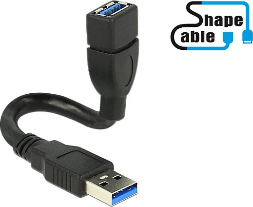 Kabëll zgjatues USB 3.2 Gen 1 DeLOCK ShapeCable 0.15m, USB-A mashkull në USB-A femër, 5 Gbit/s, i zi