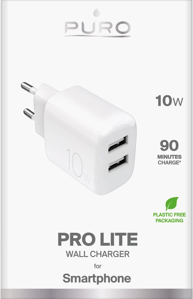 Karikues muri Puro PROLITE, 10W, 2x USB-A, Bardhë