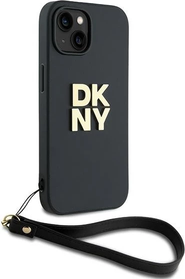 Mbështjellës DKNY Wrist Strap Stock Logo për iPhone 15 Plus, i zi