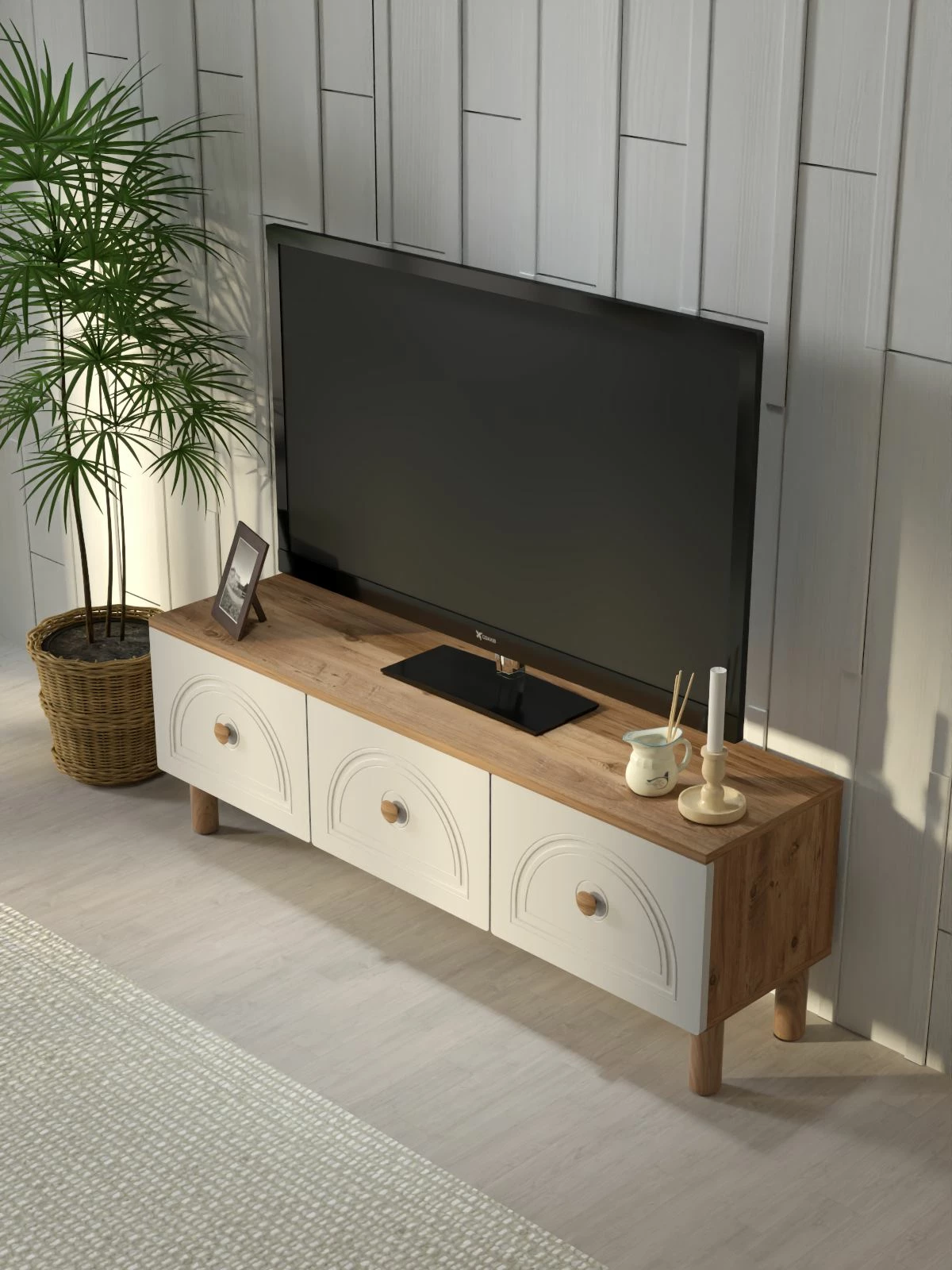 Komodë TV Skye Decor, Mavora 135, ngjyrë pishë Atlantike dhe e bardhë