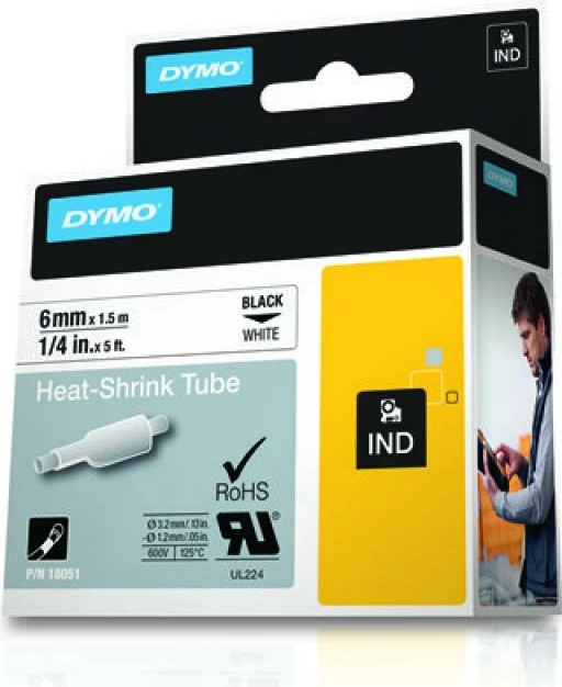 tub termokurues për etiketim, Dymo RhinoPRO 18051, 6 mm x 1.5 m, i zi/ i bardhë